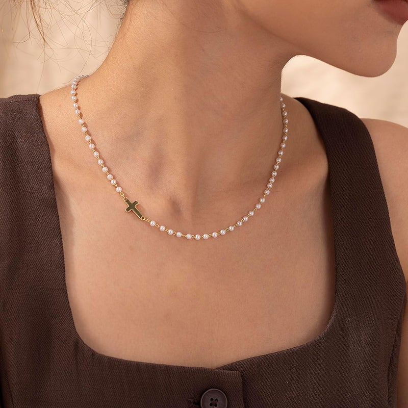 Robaice Pearl Cross Necklace for Women, Eternal Gold Pearl Necklace with Cross Pendant, Dainty Pearls and Cross Necklace Christian Faith Jewelry Gift - Image 2